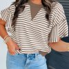 Women's Parchment Striped Ruffle Short Sleeve Top with Contrast Details - Image 2