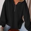 Women's Black Fleece Lined Half Zip Kangaroo Pockets Hoodie - Image 4