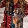 Women's Red Mixed Plaid Patchwork Retro Shacket - Image 6