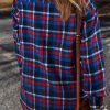 Women's Navy Blue Plaid Flap Pocket Button Up Shacket - Image 2