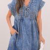 Women's Beau Blue Tie V Neck Denim Shift Dress with Tucking Detail and Pockets - Image 7