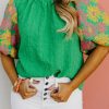 Women's Bright Green Floral Puff Sleeve Ruffled Collar Top - Image 4