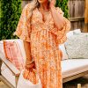 Women's Orange Floral Print Smocked V Neck Wide Sleeve Maxi Dress for Summer - Image 6