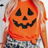 Women's Orange Glittering Pumpkin Face Graphic Crew Neck T-Shirt - Image 2