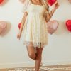 Elegant Apricot Sequined Lace Mesh Bubble Sleeve Square Neck Mini Dress - Image 8