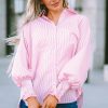 Women's Pink Oversized Striped Boyfriend Shirt with Smocked Cuffs and Pocket - Image 5