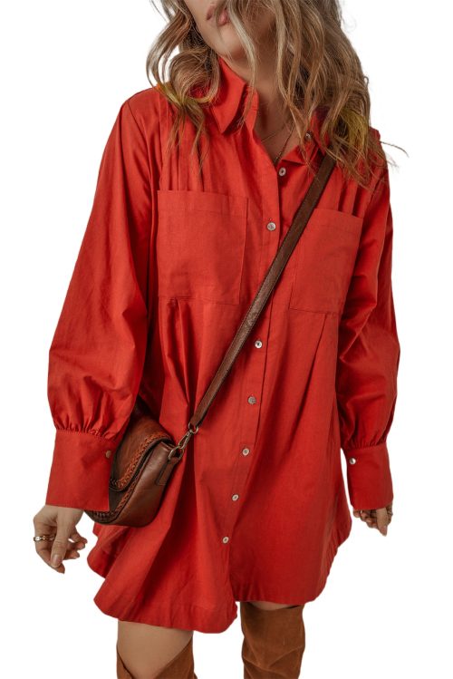 Women's Tomato Red Bishop Sleeve Button Up Pleated Mini Dress