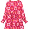 Women's Strawberry Pink Geometric Print Smocked Long Sleeve Mini Dress - Image 13