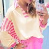 Women's Pink Stripe Colorblock Patchwork Collared French Terry Knit Top - Image 3