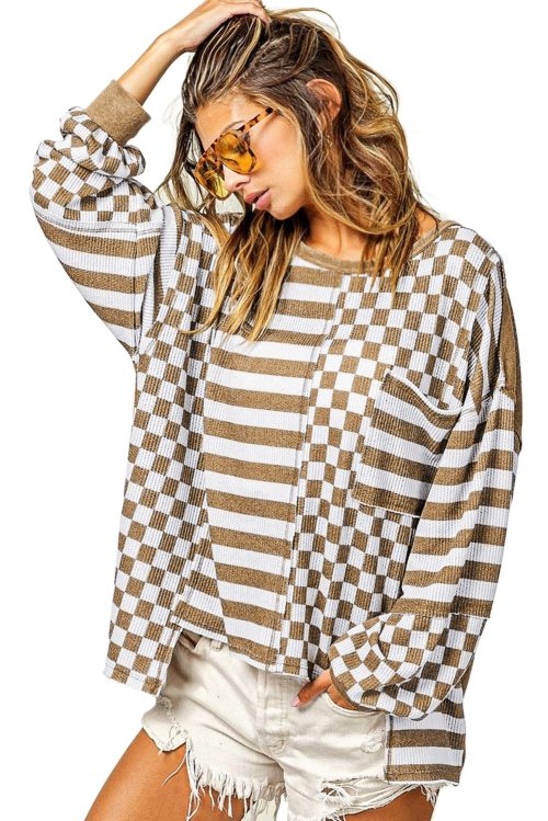 Women's Unique Khaki Lantern Sleeve Patchwork Blouse with Pocket