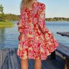 Women's Red Floral Print High Waist V Neck Babydoll Mini Dress - Playful & Elegant - Image 2