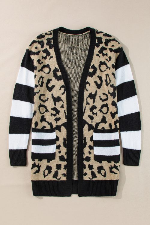 Women's Black Stripe Sleeve Leopard Print Open Front Cardigan with Pockets