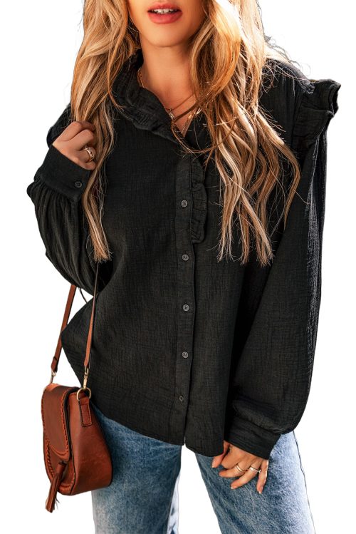 Women's Black Textured Ruffled Trim Buttoned Loose Fit Shirt