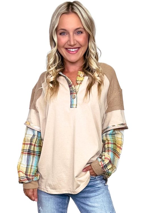 Plus Size Parchment Plaid Patchwork Layered Henley Top for Women