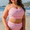 Stylish Pink Plus Size Plaid Print High Waist Bikini Set for Beach Days - Image 10