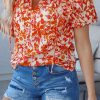 Women's Orange Floral Print Ruffled Short Puff Sleeve Split Neck Blouse - Image 9