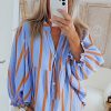 Women's Sky Blue Stripe Crinkled Ruffled Sleeve Button Up Loose Shirt - Image 7