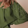 Women's Vineyard Green Solid Color Hoodie with Rivet Studs and Pocket - Image 7