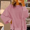 Women's Oversized Pink Waffle Knit Bishop Sleeve Sweatshirt - Image 6