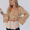 Women's Yellow Floral Bell Sleeve V Neck Wrapped Contrast Peplum Blouse - Image 6