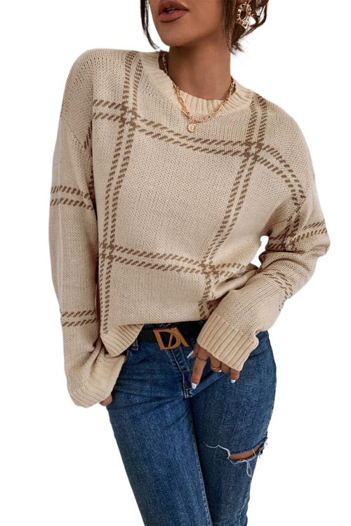 Women's Khaki Plaid Pattern Knitted Long Sleeve Drop Shoulder Sweater