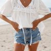 Women's White Embroidered Lace Patchwork Tie Neck Puff Short Sleeve Blouse - Image 8