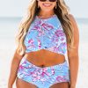 Sky Blue Plus Size Floral Print Twisted High Waist Bikini Set for Women - Image 13