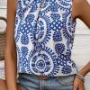 Women's Blue Vintage Print Pintuck Crew Neck Tank Top - Bohemian Style - Image 7