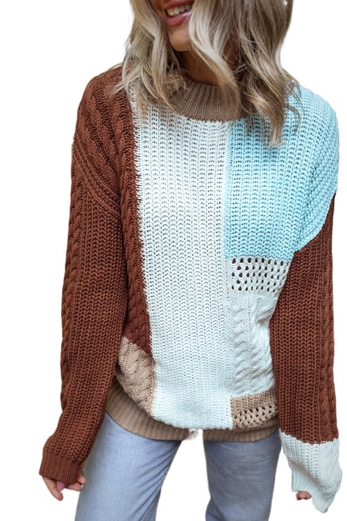 Women's Khaki Colorblock Patchwork Sweater - Textured Knit Design for Winter