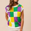 Women's Tillandsia Purple Color Block Cap Sleeve Sweater - Stylish Checkered Knit Top - Image 7