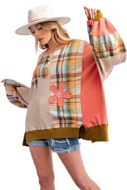 Women's Multicolour Waffle Knit Plaid Patchwork Sweatshirt with Side Slits