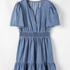 Women’s Ashleigh Blue Ruffled V Neck Smocked High Waist Denim Mini Dress - Image 8