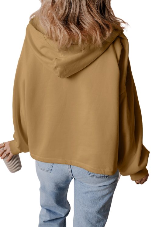 Women's Brown Fleece Lined Half Zipper Hoodie with Kangaroo Pockets