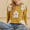 Women's Cozy Yellow Stripe Daisy Floral Round Neck Sweater for Winter - Image 6