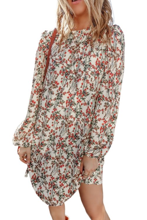 Women's White Floral Printed Long Sleeve Mini Dress