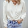 Women's White Twisted Elastic Hem V Neck Crop Blouse - Image 6