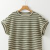 Women's Green Stripe Textured Crew Neck T-Shirt with Side Slits - Image 6