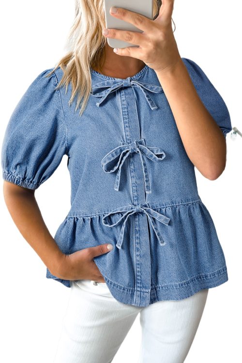 Women's Dusk Blue Tied Front Bubble Sleeve Peplum Denim Shirt