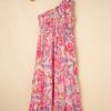 Women's Pink Abstract Floral Print Shirred One Shoulder Maxi Dress for Summer - Image 14