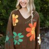 Women's Coffee Big Flower Pattern V Neck Drop Shoulder Sweater - Image 7