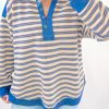 Women's Blue Stripe Buttoned V Neck Collared Drop Shoulder Long Sleeve Top - Image 2