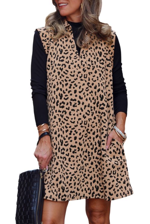 Women's Khaki Leopard Print V Neck Sleeveless Collared Mini Dress with Pockets