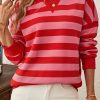 Women's Cozy Red Stripe Long Sleeve Round Neck Drop Shoulder Top - Image 5