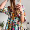 Women's Multicolour Floral Print Bubble Sleeve Ruffled V Neck Blouse - Image 3