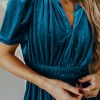 Women's Prussian Blue Velvet Short Sleeve Shirred Waist Tiered Maxi Dress - Elegant Boho Style - Image 4