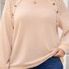 Women's Plus Size Beige Lace Patchwork Buttons Waffle Knit Top - Image 5