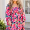 Women's Plus Size Rose Floral Smocked Square Neck Mini Dress - Image 12