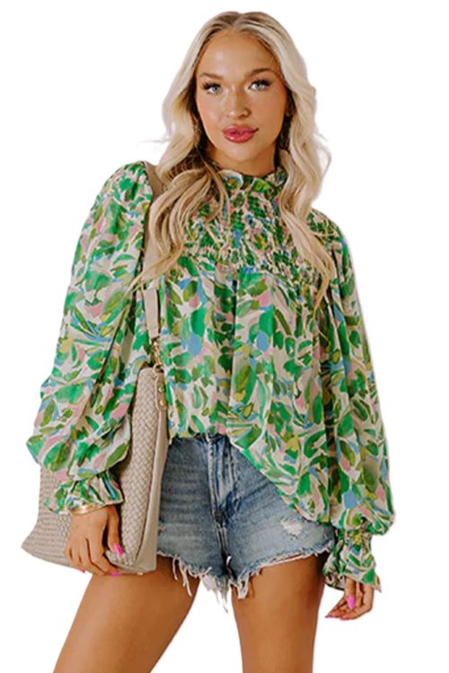 Women's Green Leafy Printed Flounce Sleeve Shirred Mock Neck Blouse - Elegant Floral Design