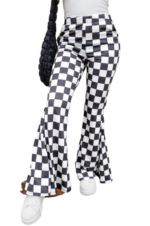 High-Rise Flared Pants with Black Checkerboard Print