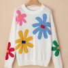 Women's White Floral Pattern Crew Neck Sweater - Image 13